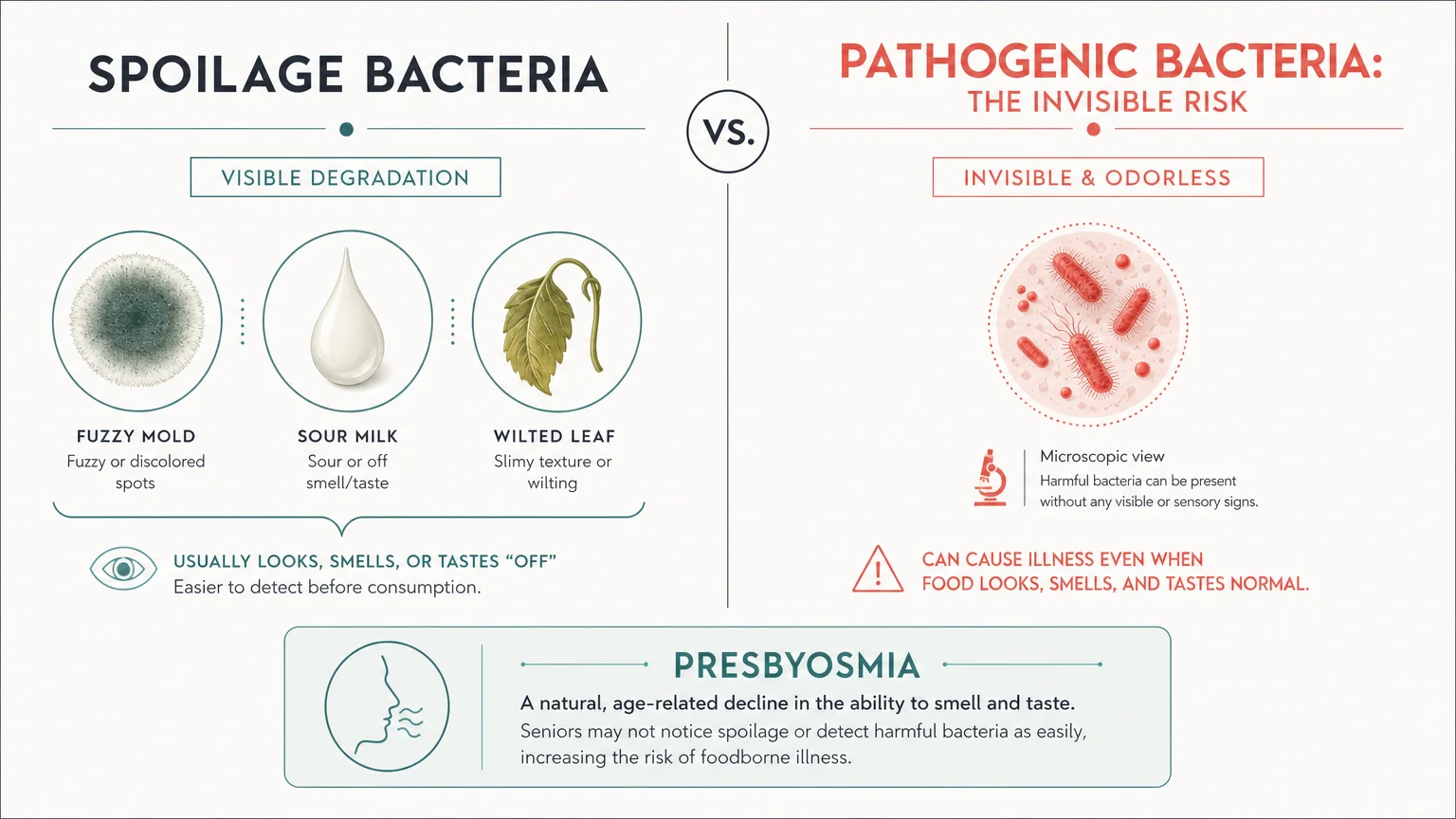 An infographic comparing visible spoilage bacteria with invisible, more dangerous pathogenic bacteria.