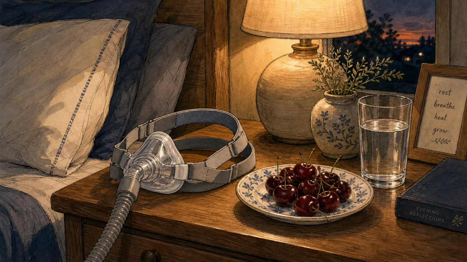 An ink and gouache illustration of a CPAP mask resting neatly on a nightstand next to a plate of fresh cherries and a glass of water.