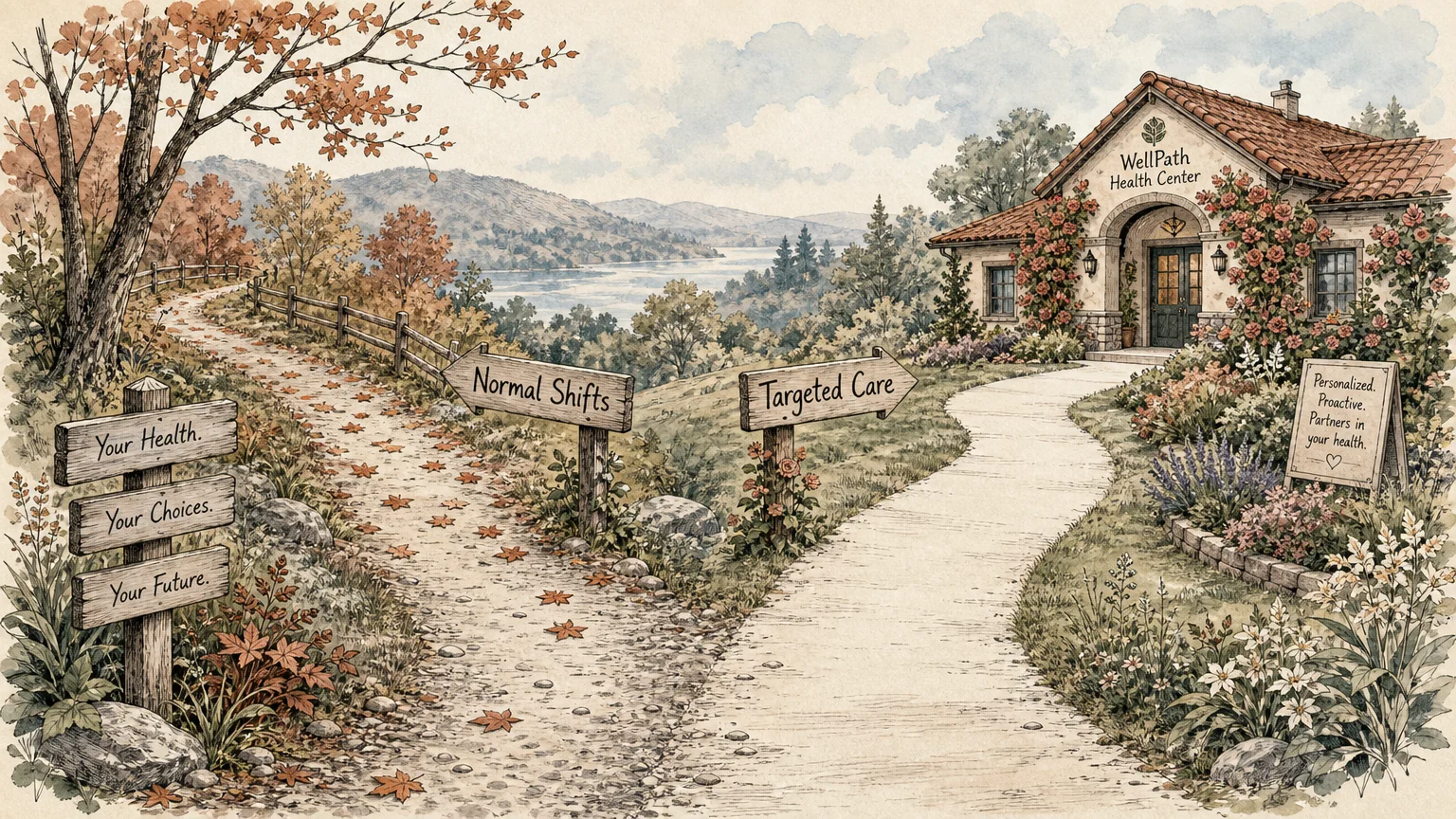 An ink and watercolor diagram of a fork in a path, with one sign pointing to 'Normal Shifts' and another to 'Targeted Care'.