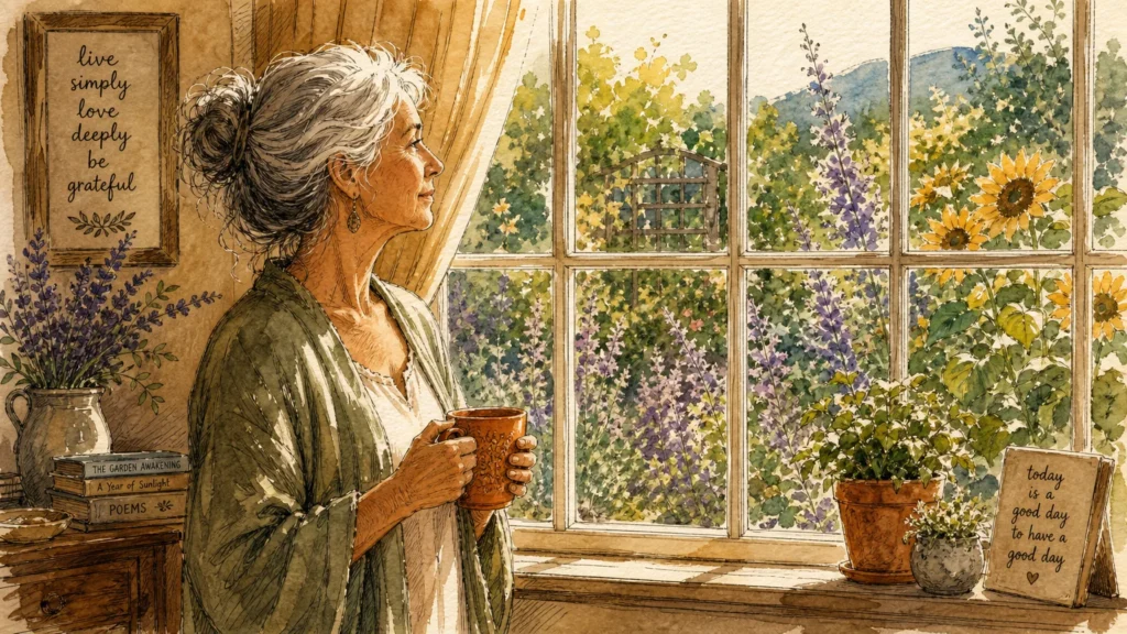 An ink and watercolor illustration of an older woman looking out a sunlit window at a vibrant garden, holding a warm mug.