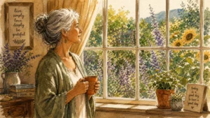 An ink and watercolor illustration of an older woman looking out a sunlit window at a vibrant garden, holding a warm mug.