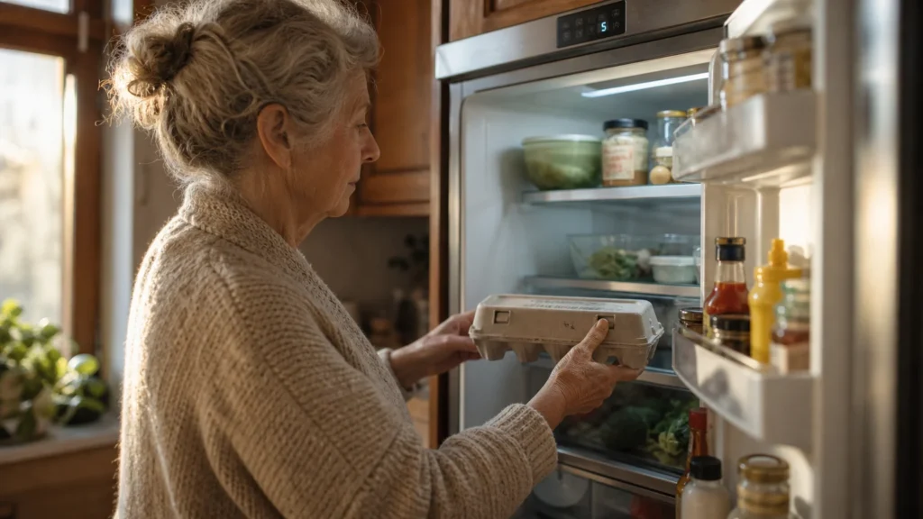 An older adult places a carton of eggs on a cool middle shelf of an open refrigerator in a sunlit kitchen.