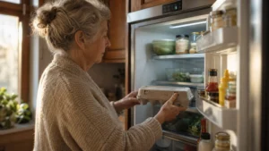 An older adult places a carton of eggs on a cool middle shelf of an open refrigerator in a sunlit kitchen.