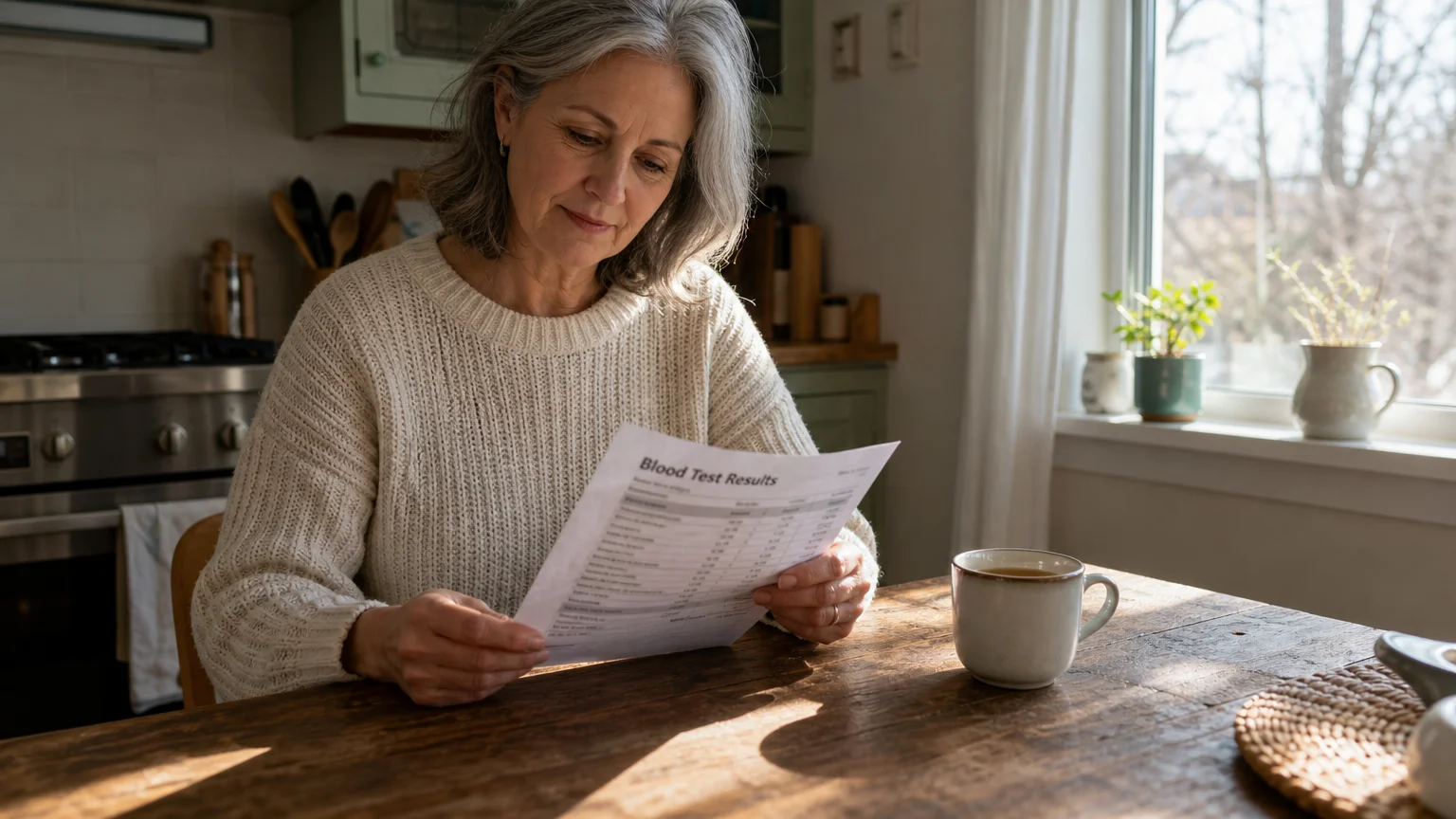 An older adult reviewing health documents at a sunny kitchen table.