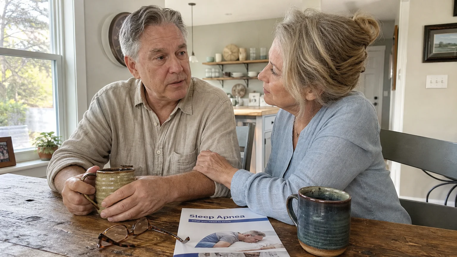An older couple sitting at their kitchen table having a thoughtful conversation near a sleep apnea pamphlet in soft morning light.