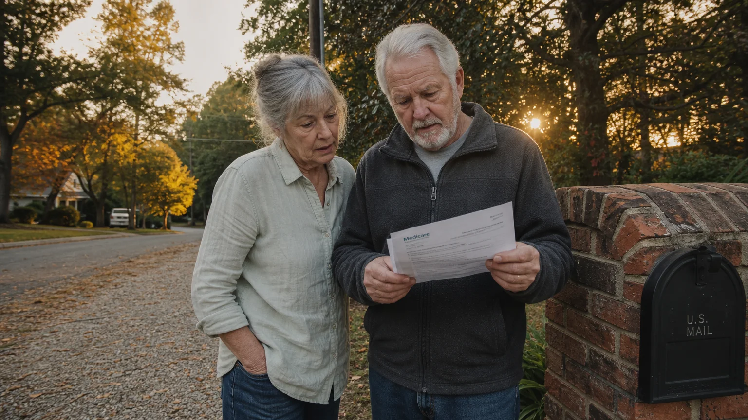 An older couple stand by their outdoor mailbox in late afternoon light, reviewing a Medicare letter together.