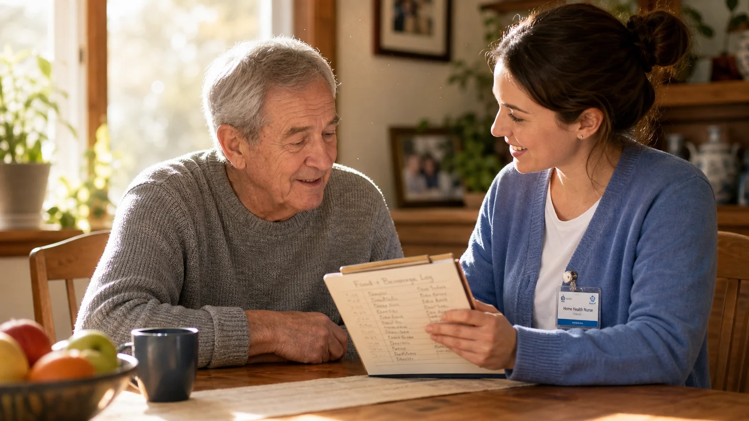 An older man and a home nurse review a beverage journal together at a wooden table in a warm, sunlit home.