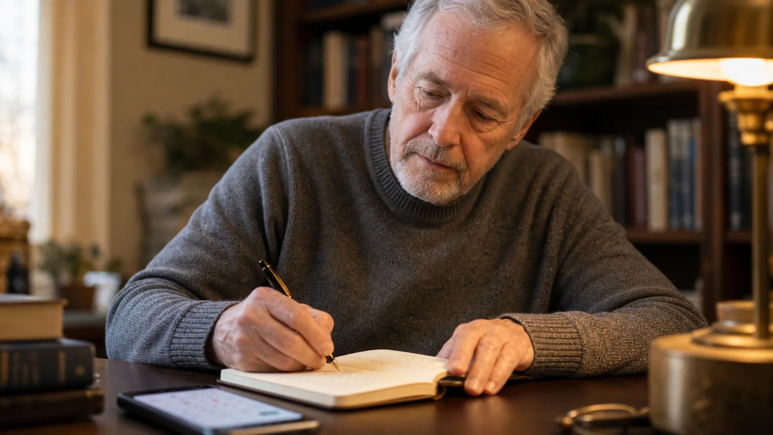 An older man in a cozy study writes notes in a notebook at his desk, preparing for a medical consultation.