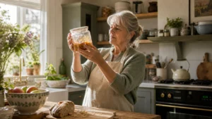 An older woman in a sunlit kitchen carefully examines a glass jar of food, looking for subtle signs of spoilage.