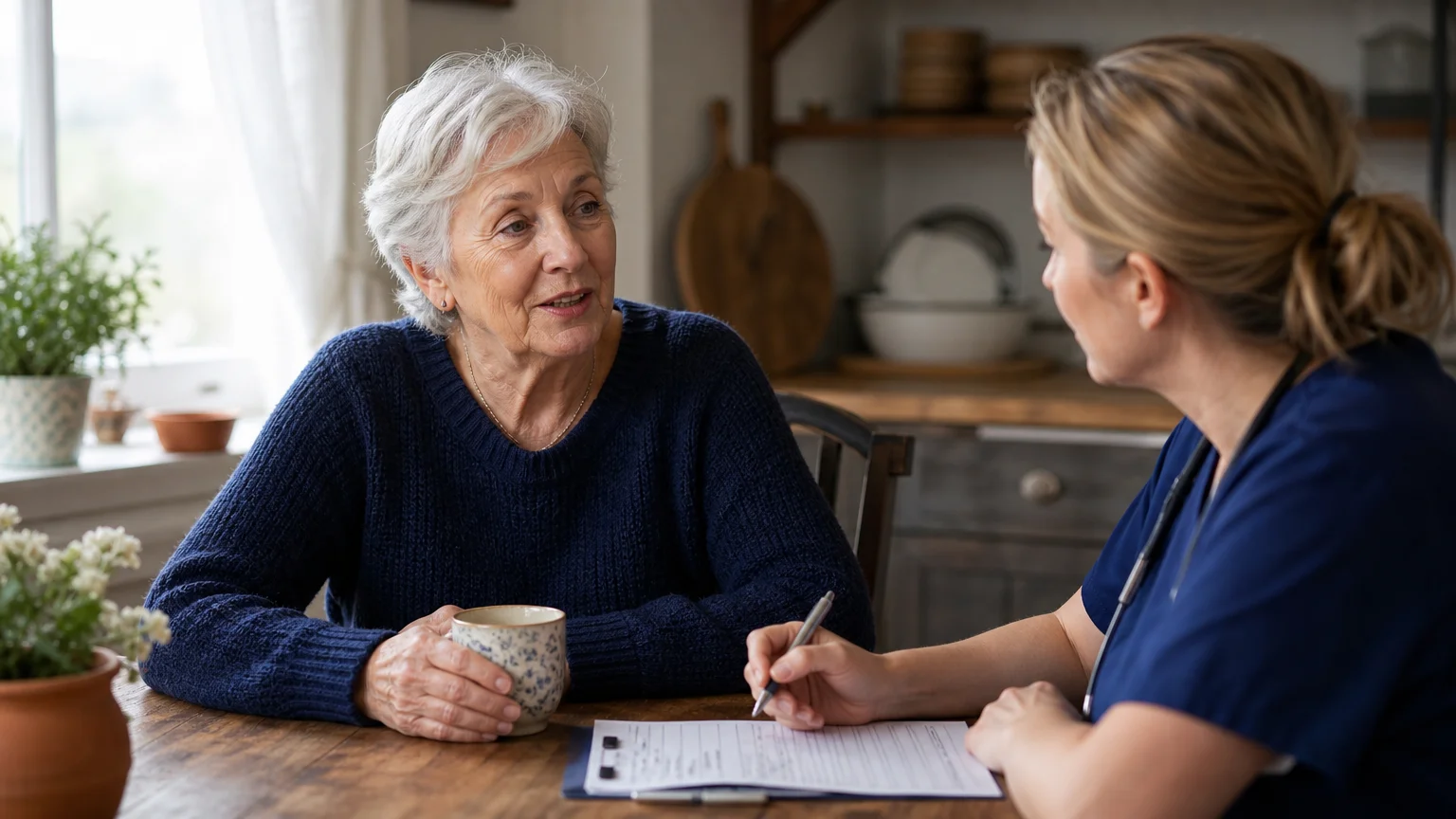 An older woman speaks comfortably with a nurse practitioner over a cup of tea in a warm, sunlit kitchen.
