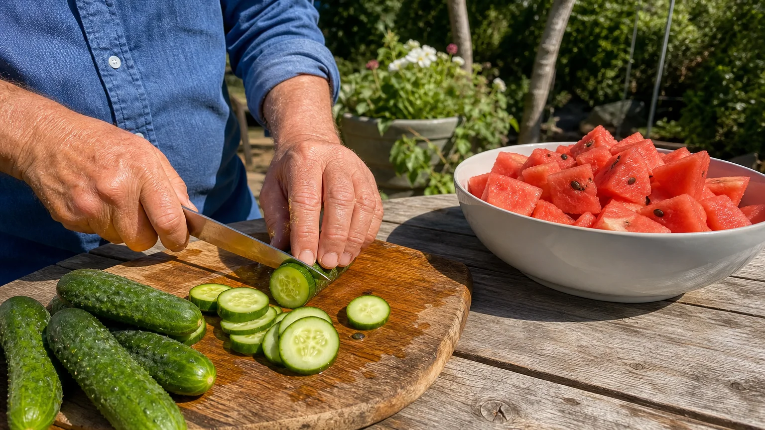 Candid closeup of an older adult's hands slicing fresh cucumbers on a wooden cutting board outdoors next to a bowl of watermelon.