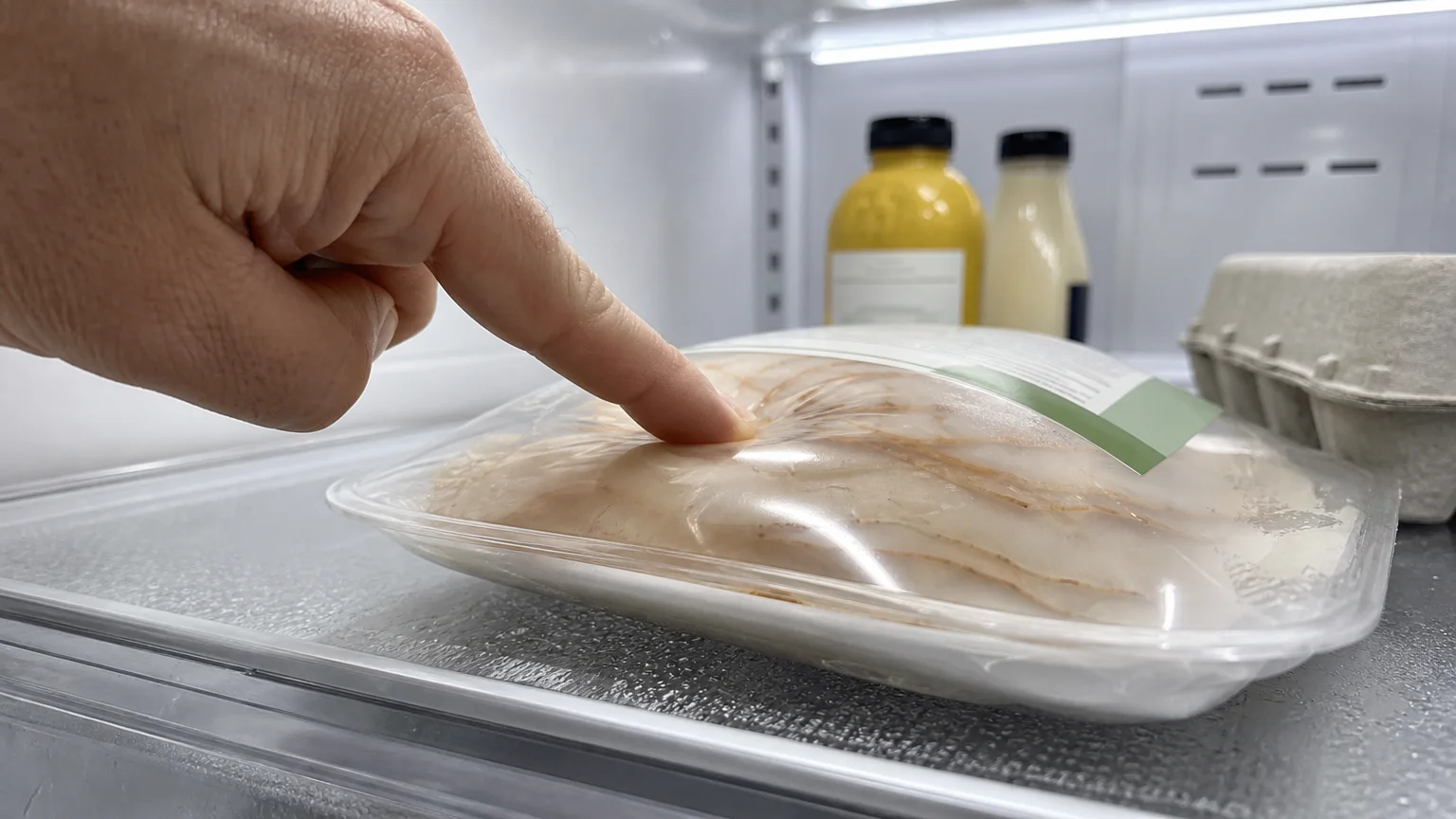 Close-up of a hand pressing on a swollen, bloated plastic package of deli meat inside a refrigerator.