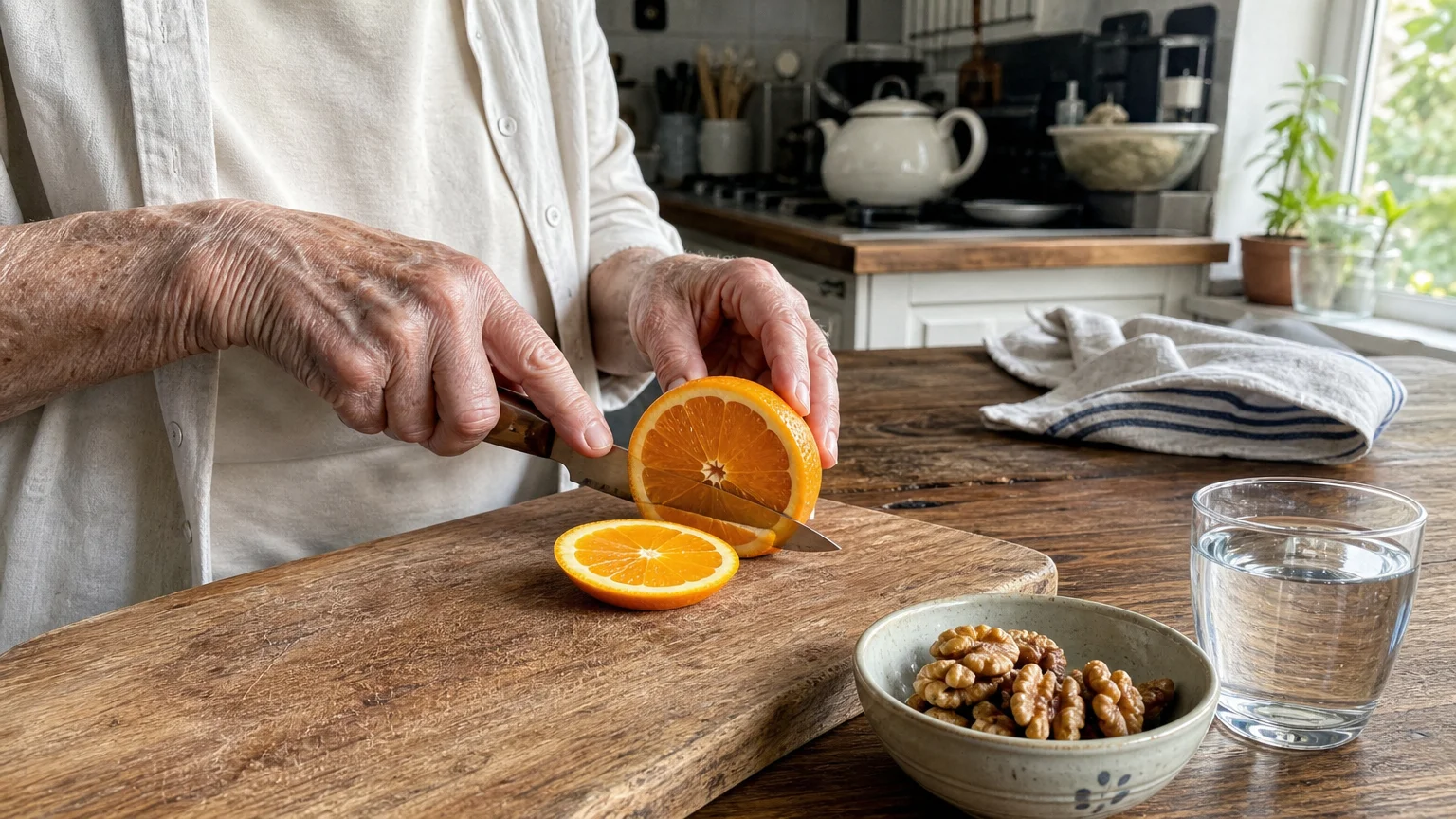 Close-up of a senior's hands slicing fresh oranges on a wooden cutting board in a sunlit kitchen.