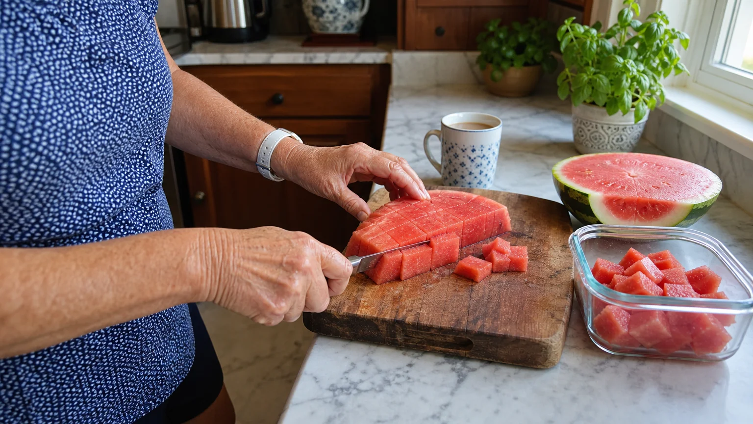 Close-up of a senior's hands slicing fresh watermelon in a bright, sunlit home kitchen.