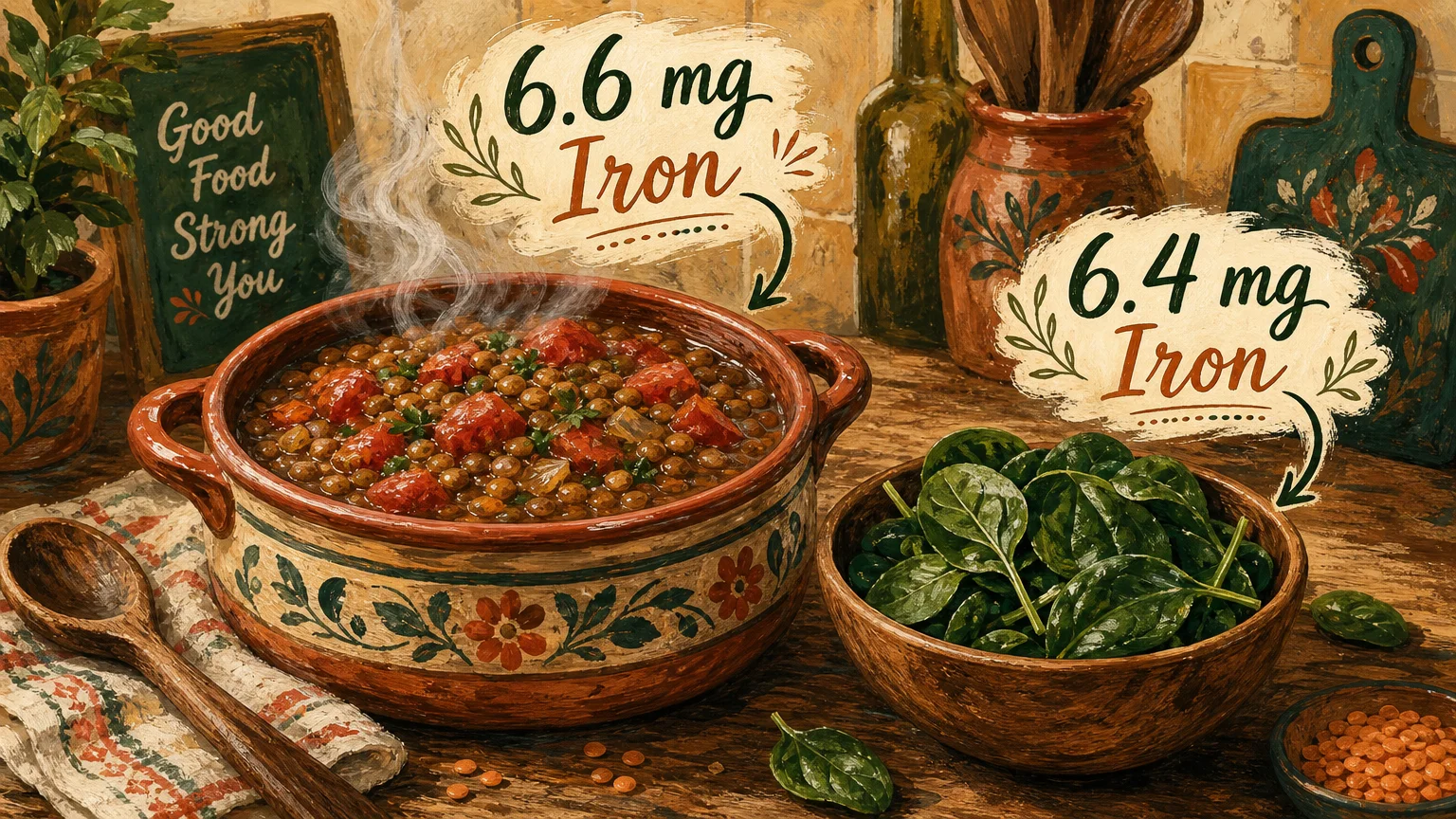 Gouache illustration of a bowl of lentil stew and spinach, labeled with their iron content.