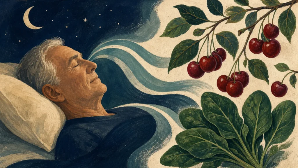 Gouache illustration of a sleeping adult surrounded by stylized tart cherries and green leaves, symbolizing peaceful, healthy rest.