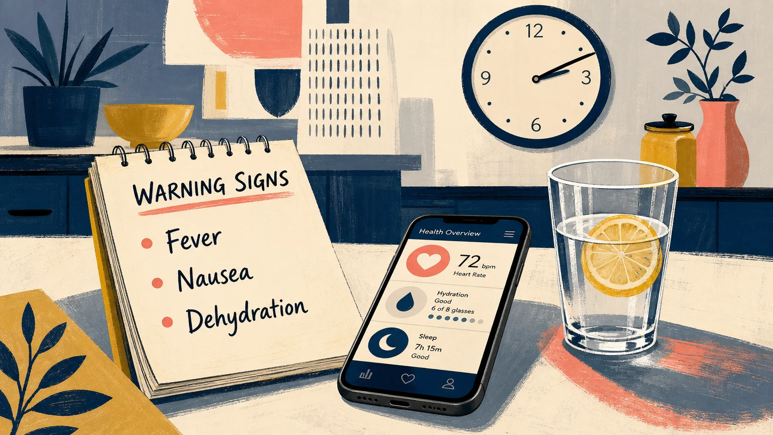 Illustration of a notepad listing fever and nausea symptoms next to a phone on a kitchen table.