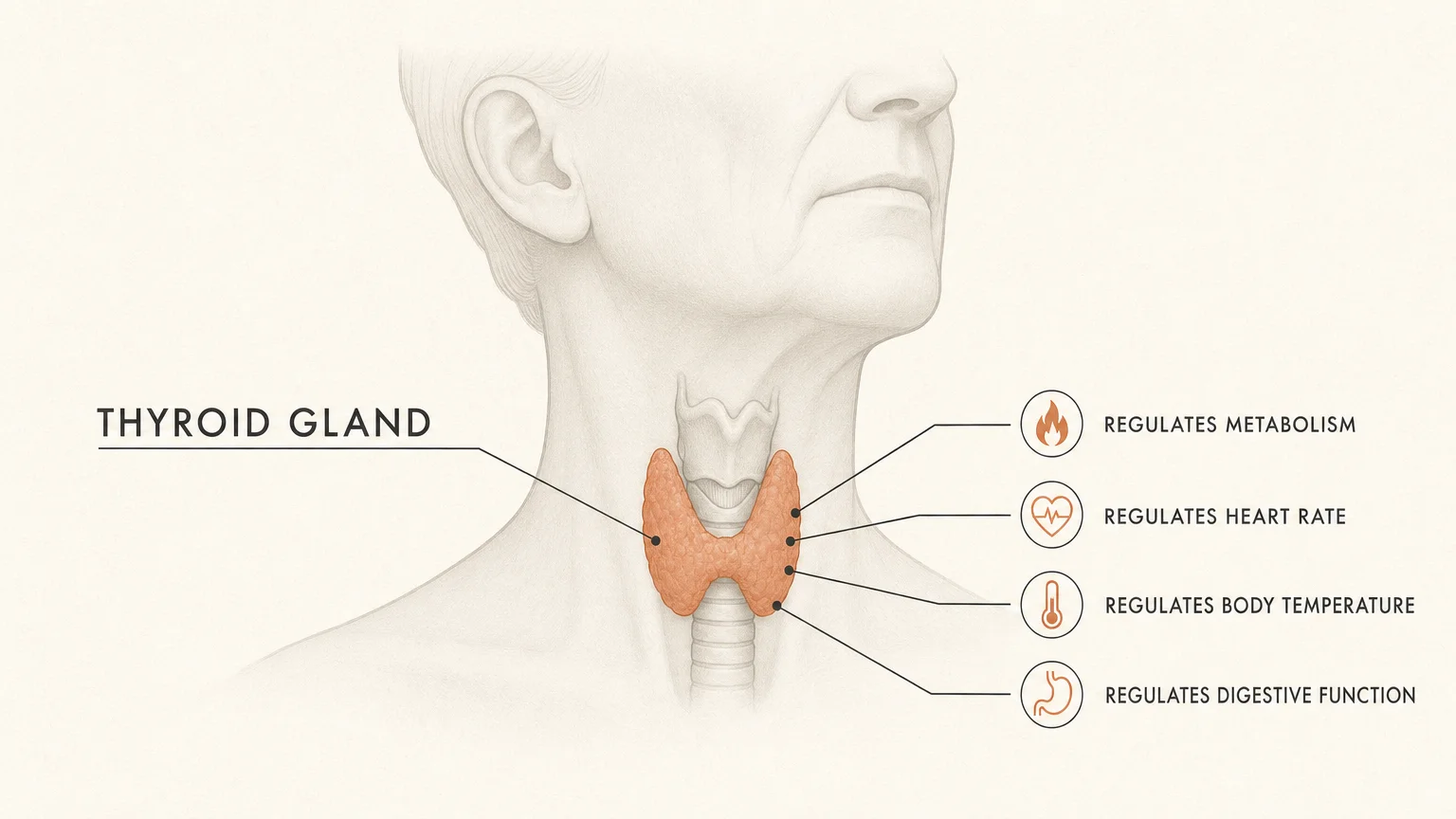 Minimalist diagram of a neck silhouette showing the butterfly-shaped thyroid gland with functional labels.