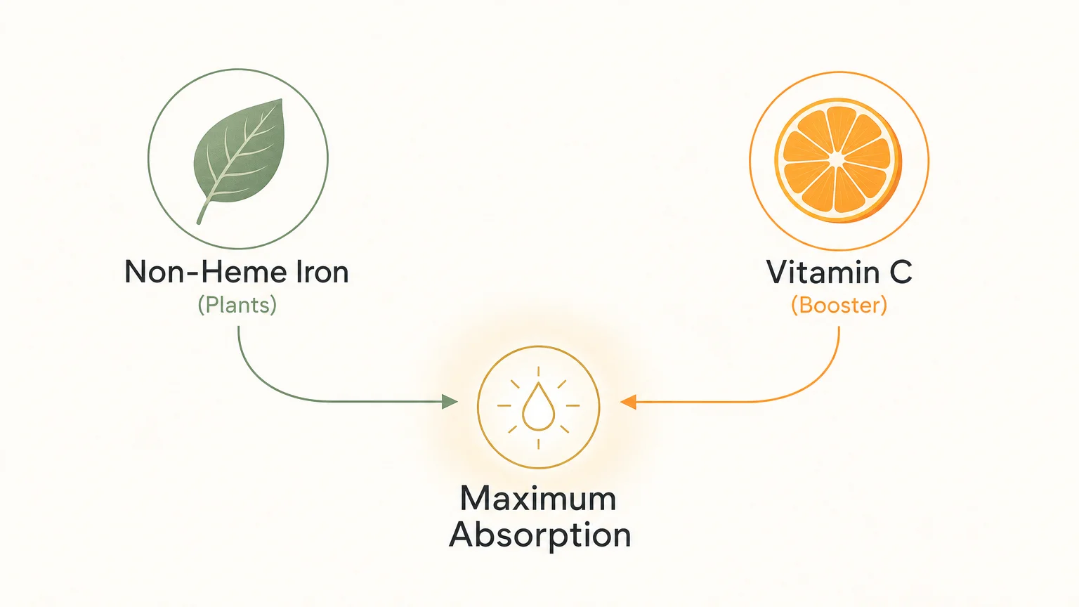Minimalist diagram showing how pairing plant-based iron with vitamin C increases absorption.