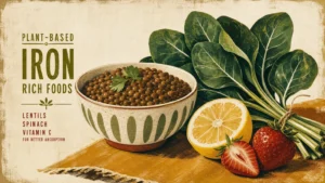Stylized gouache illustration of iron-rich plant foods like lentils, spinach, and lemon slices.