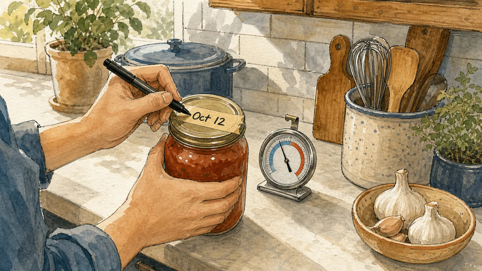 Watercolor illustration of a person labeling a jar with a date and a refrigerator thermometer nearby.