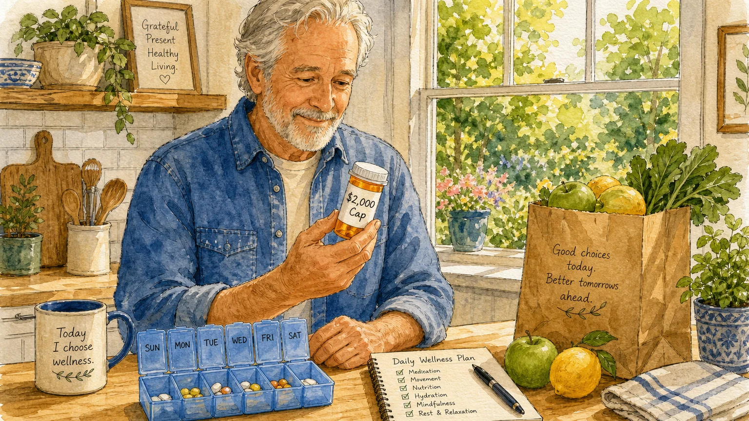 Watercolor illustration of a senior man organizing his medications next to fresh fruit on a kitchen counter.