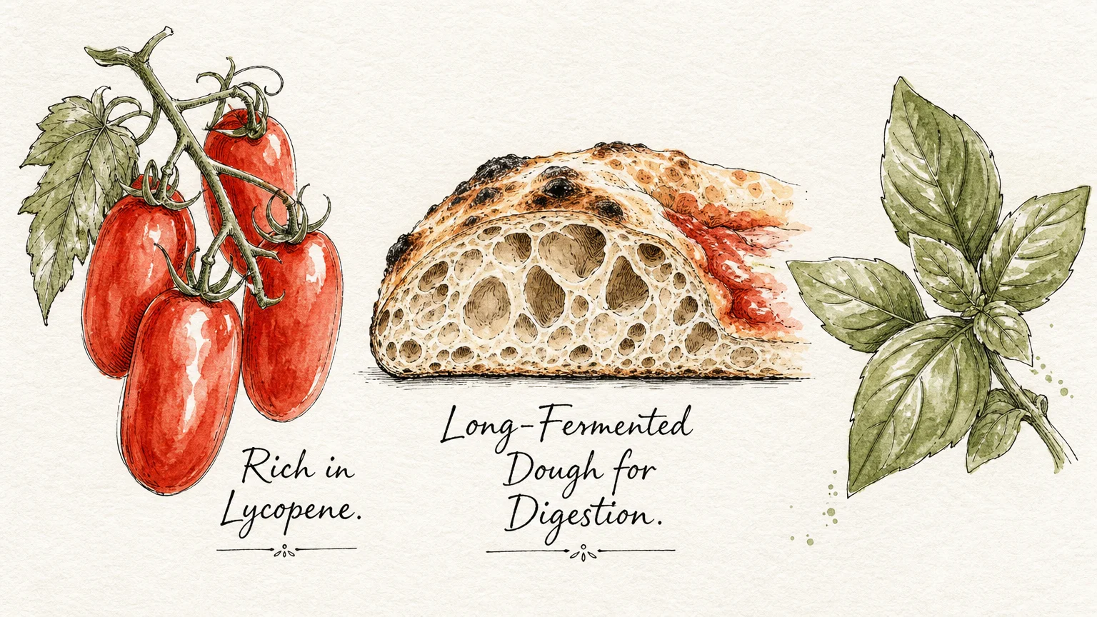 Watercolor illustration of a tomato, basil, and fermented dough crust with labels highlighting health benefits for seniors.