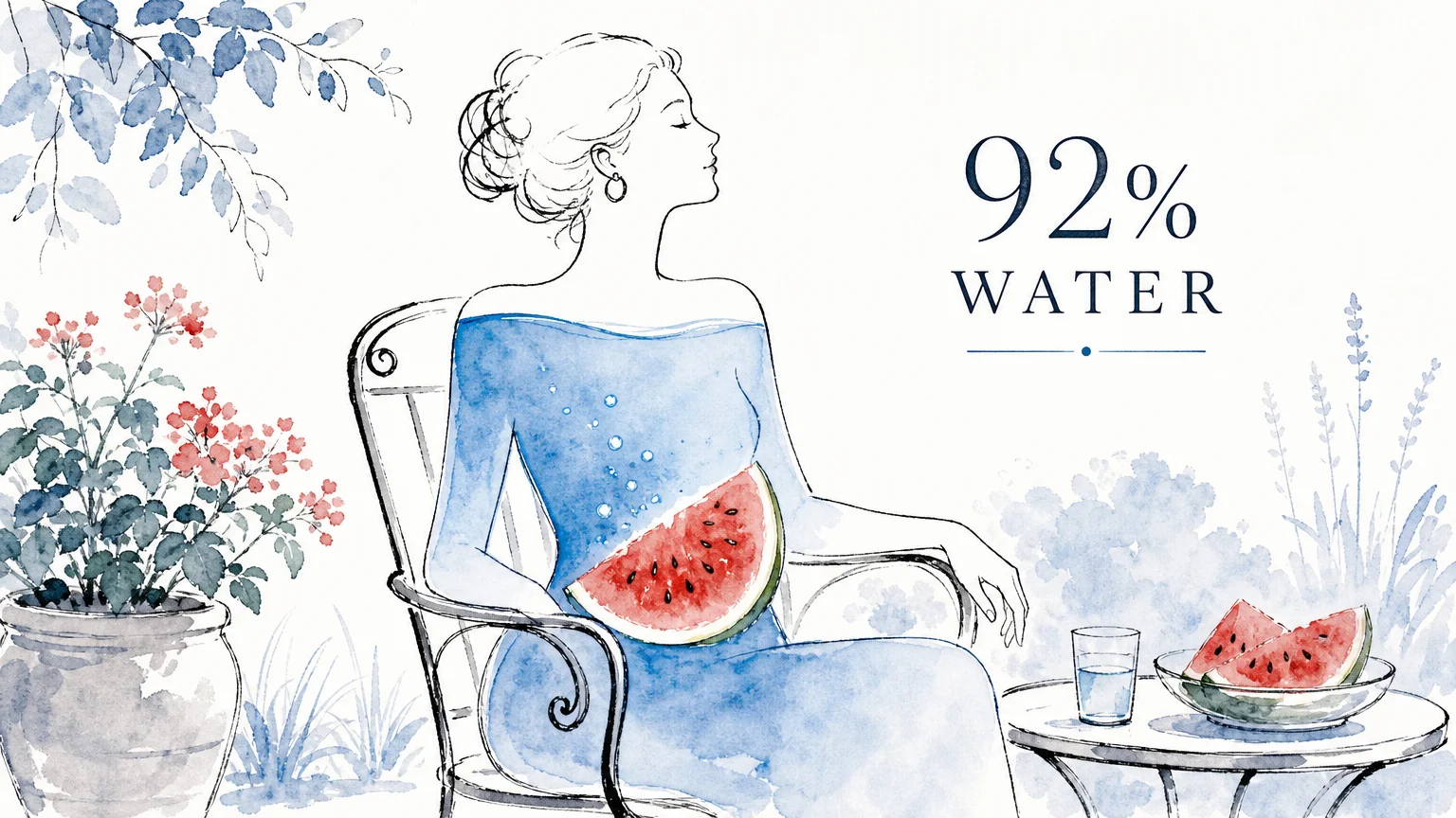 Watercolor illustration showing a person staying hydrated by eating watermelon, with text '92% Water'.