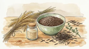 A beautiful watercolor and ink illustration of naturally gluten-free grains including buckwheat, millet, and amaranth on a rustic table.