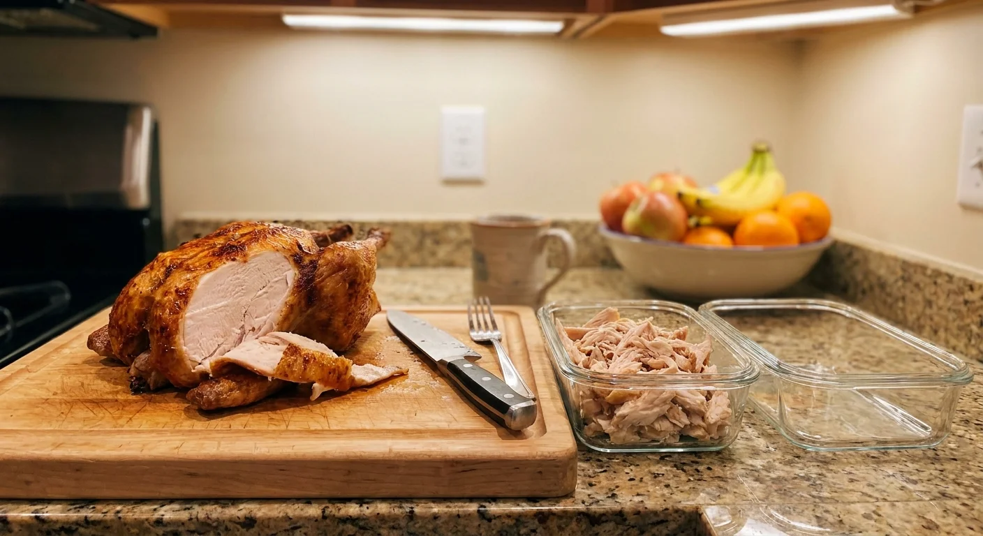 A carved rotisserie chicken on a wooden cutting board with meal prep containers on a kitchen counter.