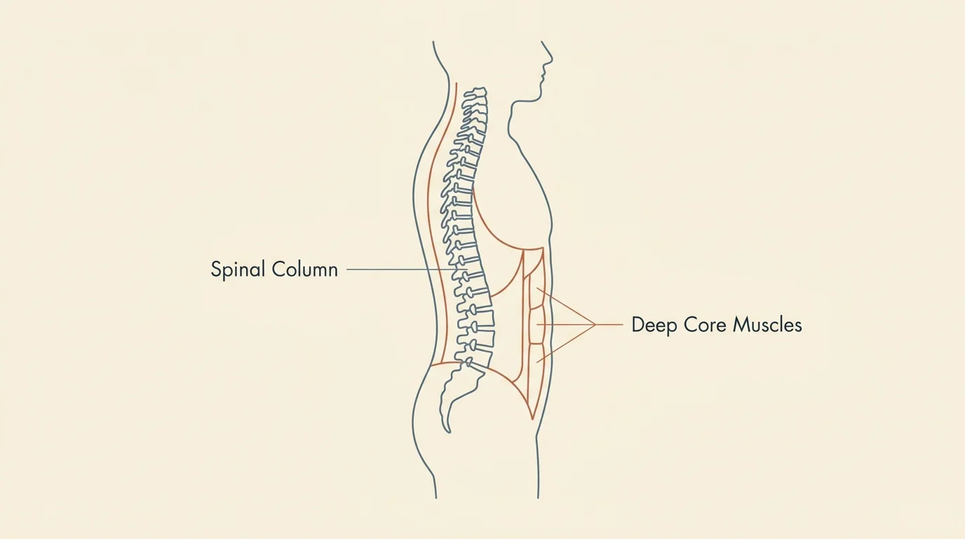A clean, minimalist anatomical diagram illustrating how deep core muscles support and stabilize the spinal column.