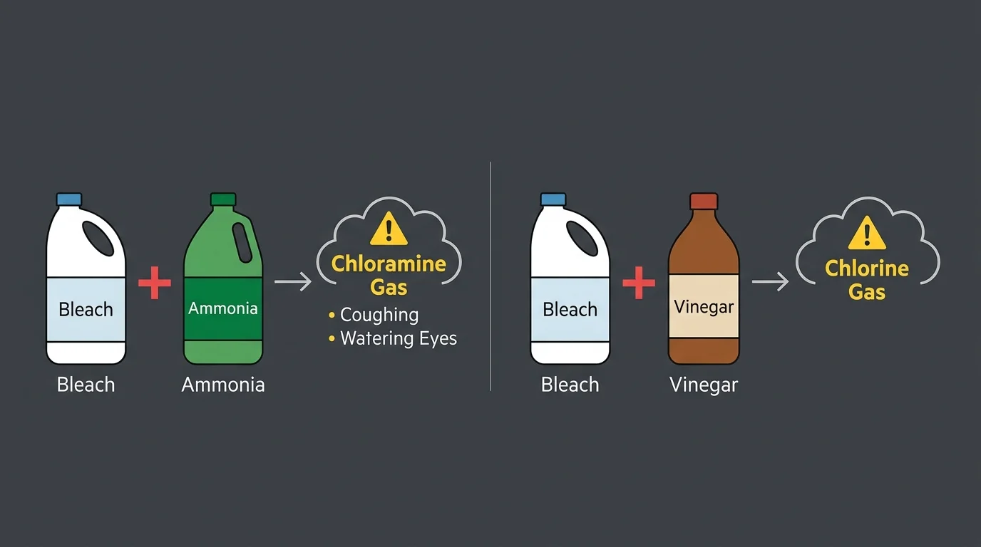 A clear, horizontal warning diagram showing that mixing bleach with ammonia creates chloramine gas, and mixing bleach with vinegar creates c
