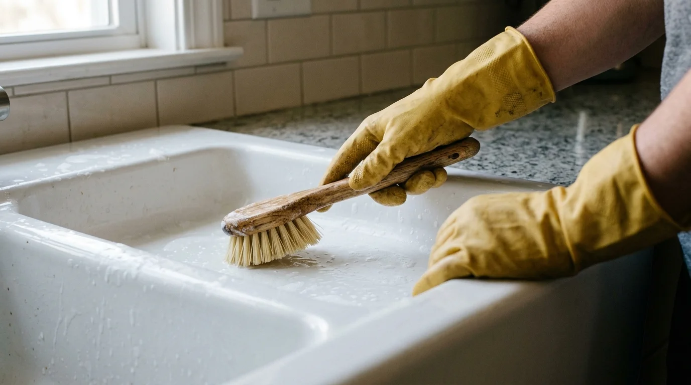 A close-up of hands in yellow rubber gloves scrubbing a white farmhouse sink with a wooden brush and natural soap suds.