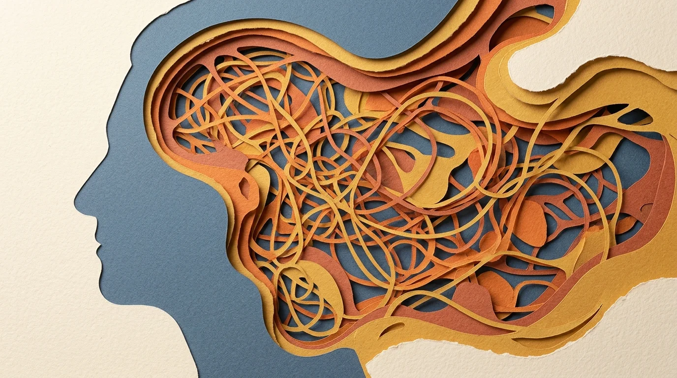 A conceptual textured paper collage symbolizing immune system activity and confusion using layered blue and orange paper cuts.