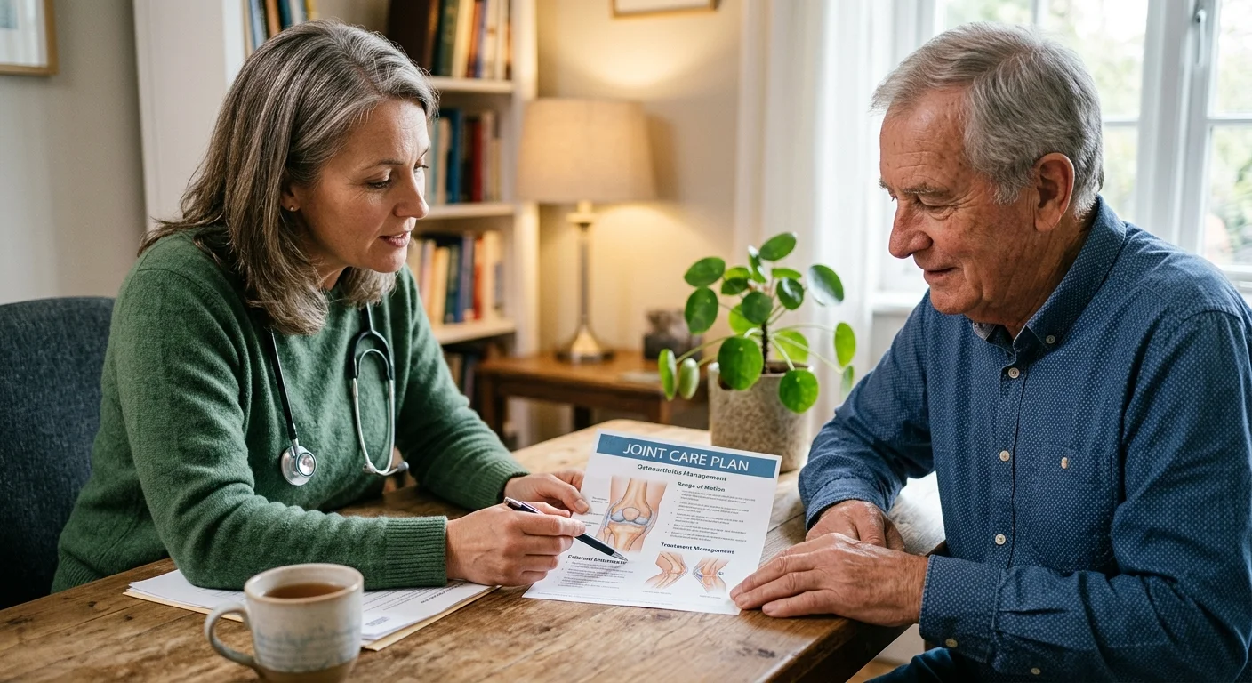 A doctor and an elderly patient reviewing a joint care plan together in a warm, comfortable clinic office.