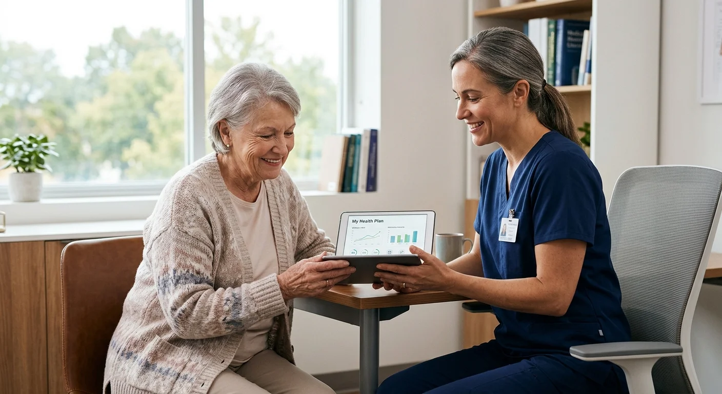 A female doctor and an older woman sit side-by-side in a well-lit room, looking at a tablet together with supportive expressions.