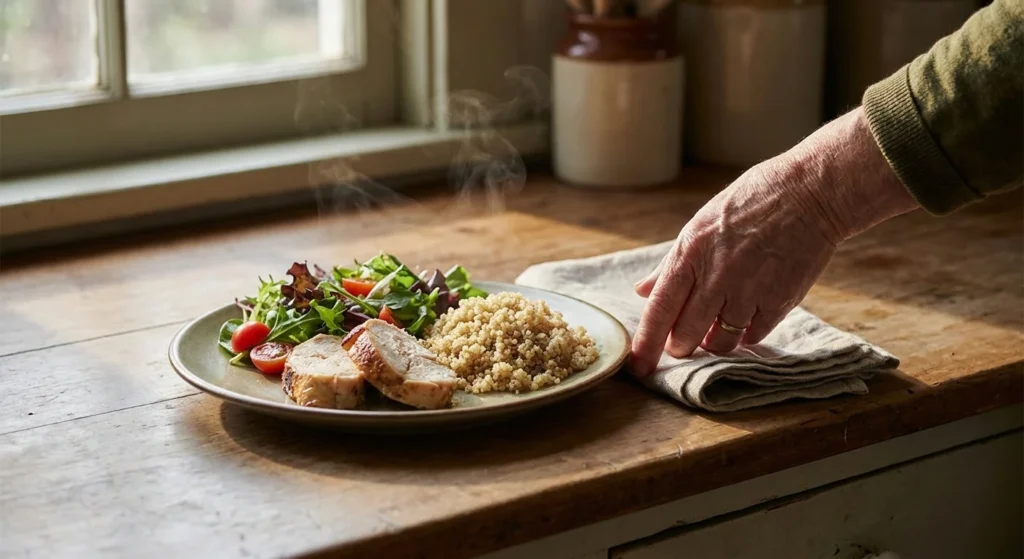 A freshly assembled healthy plate with rotisserie chicken, quinoa, and salad on a sunlit wooden kitchen counter.