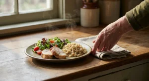 A freshly assembled healthy plate with rotisserie chicken, quinoa, and salad on a sunlit wooden kitchen counter.