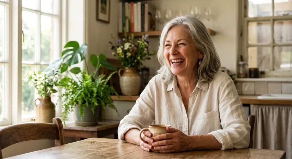 A happy senior woman laughing in a bright kitchen, showcasing a healthy, natural smile.