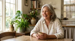 A happy senior woman laughing in a bright kitchen, showcasing a healthy, natural smile.