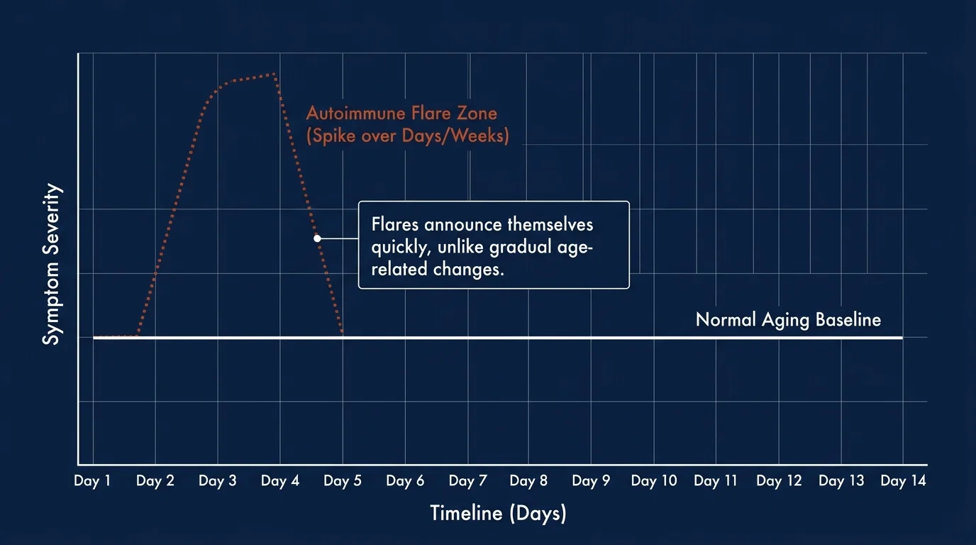 A minimalist horizontal diagram comparing a steady normal aging baseline with a sudden, sharp spike labeled Autoimmune Flare Zone.