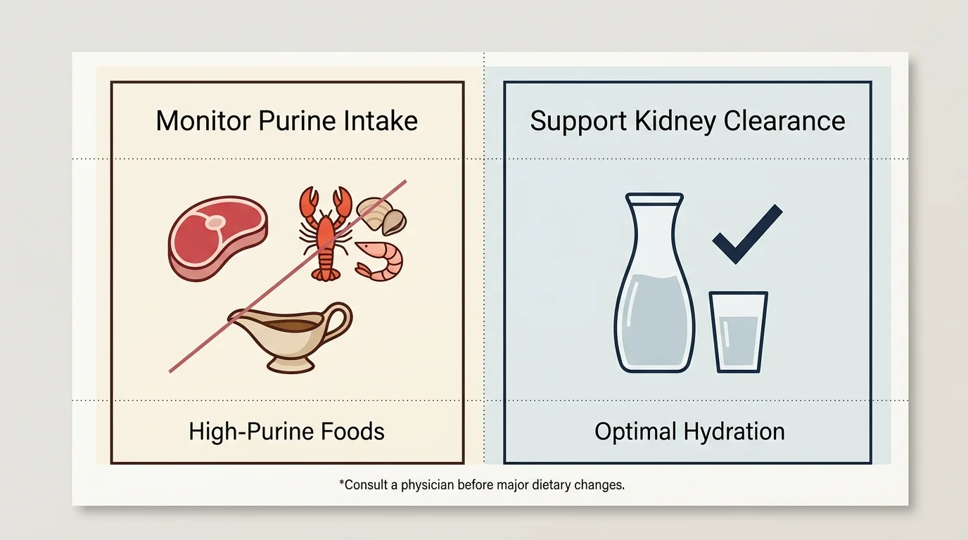 A minimalist infographic comparing high-purine foods to limit with optimal hydration practices for gout prevention.