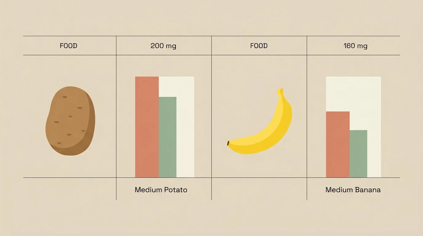 A minimalist infographic comparing the high potassium levels of a medium potato to a medium banana with simple bar charts.