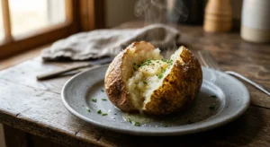 A perfectly baked, split-open russet potato with melting butter and chives on a rustic plate in warm window light.