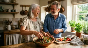 A senior couple laughs while preparing a healthy salad with lentils, chickpeas, and fresh vegetables in a sunlit kitchen.