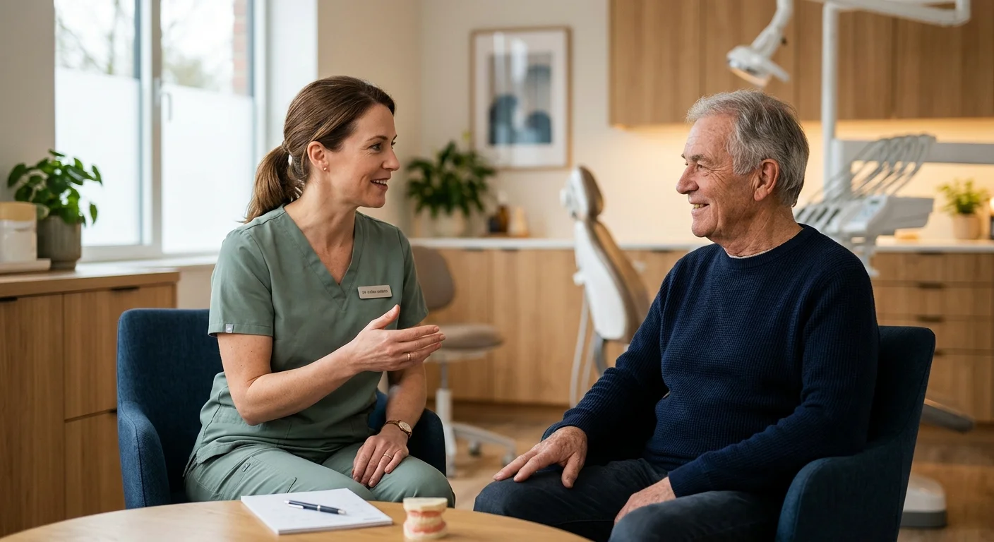 A senior man having a warm, reassuring consultation with a female dentist in a sunlit clinic.