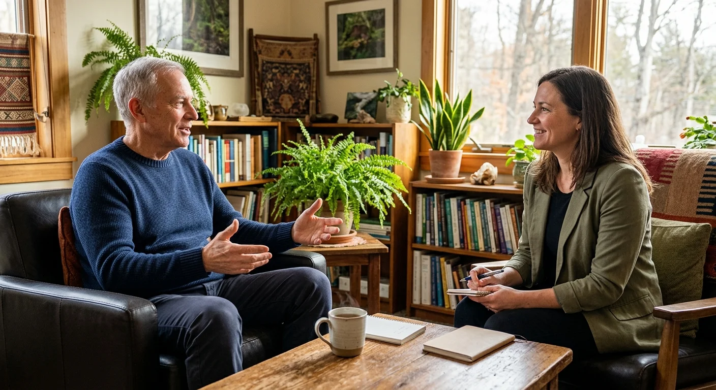 A senior man in a warm sweater sits in a comfortable office, discussing his health with an attentive doctor.