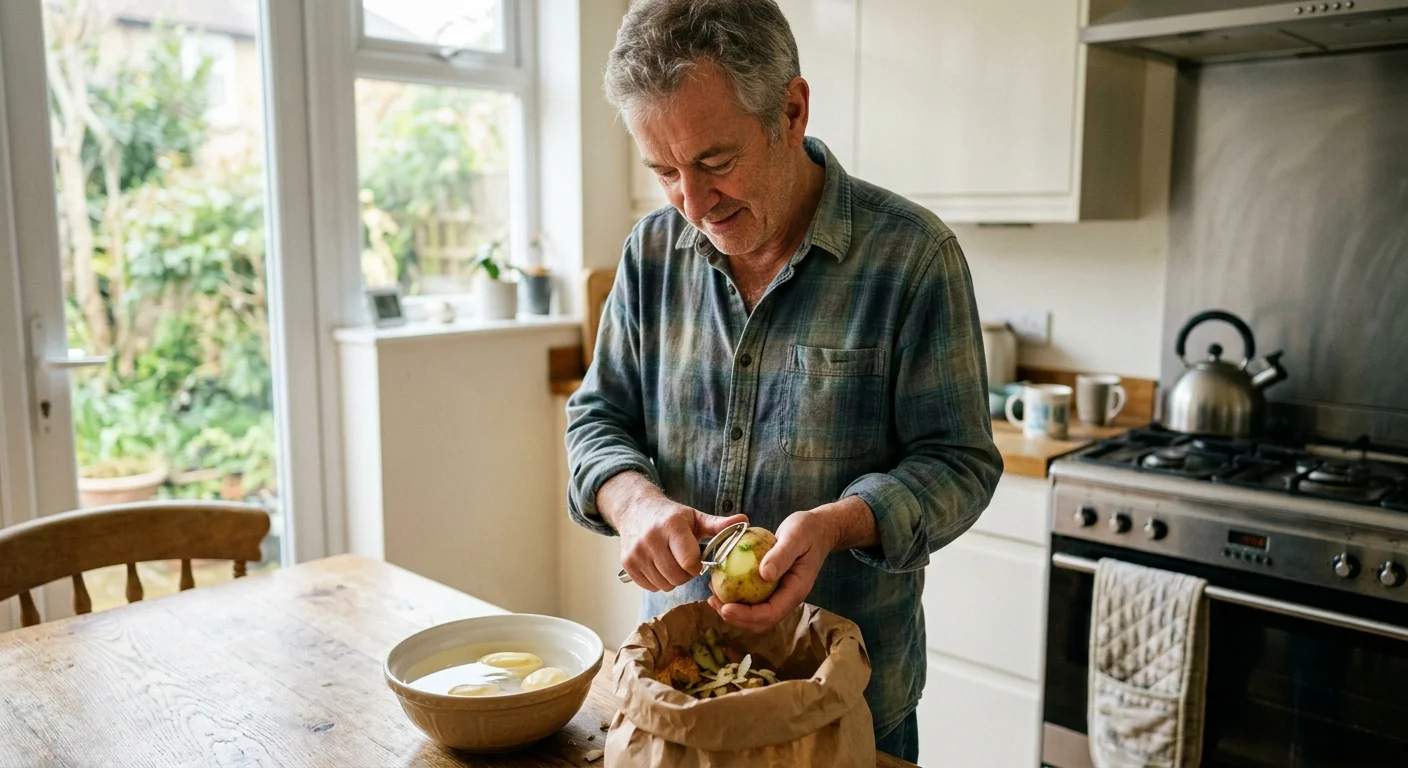 A senior man peeling a potato in his sunlit home kitchen, removing green spots to prepare it safely for cooking.