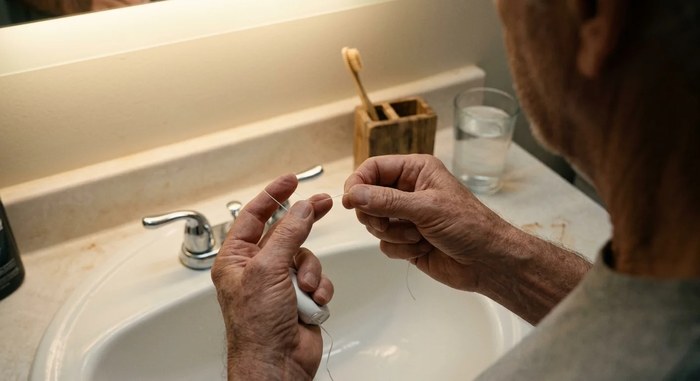 A senior man's hands carefully flossing in front of a bathroom mirror, showing a daily oral care routine.