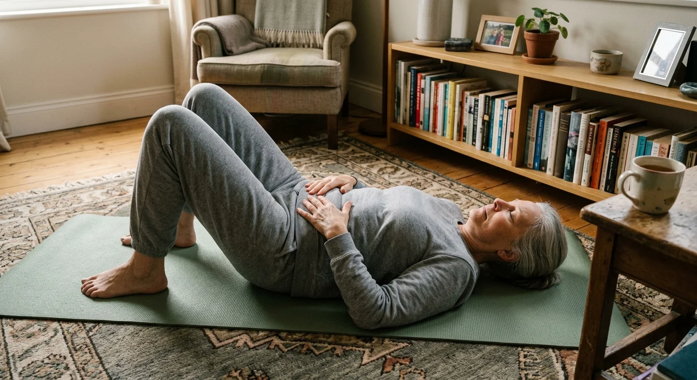 A senior woman practicing a pelvic tilt exercise on a yoga mat in her cozy, sunlit living room.